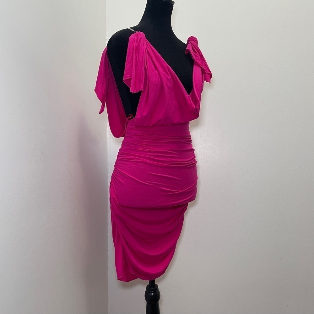 NEW! THE ATTICO- Plunge Neck Mini Dress Fushica Size Small Hot Pink - Picture 3 of 13
